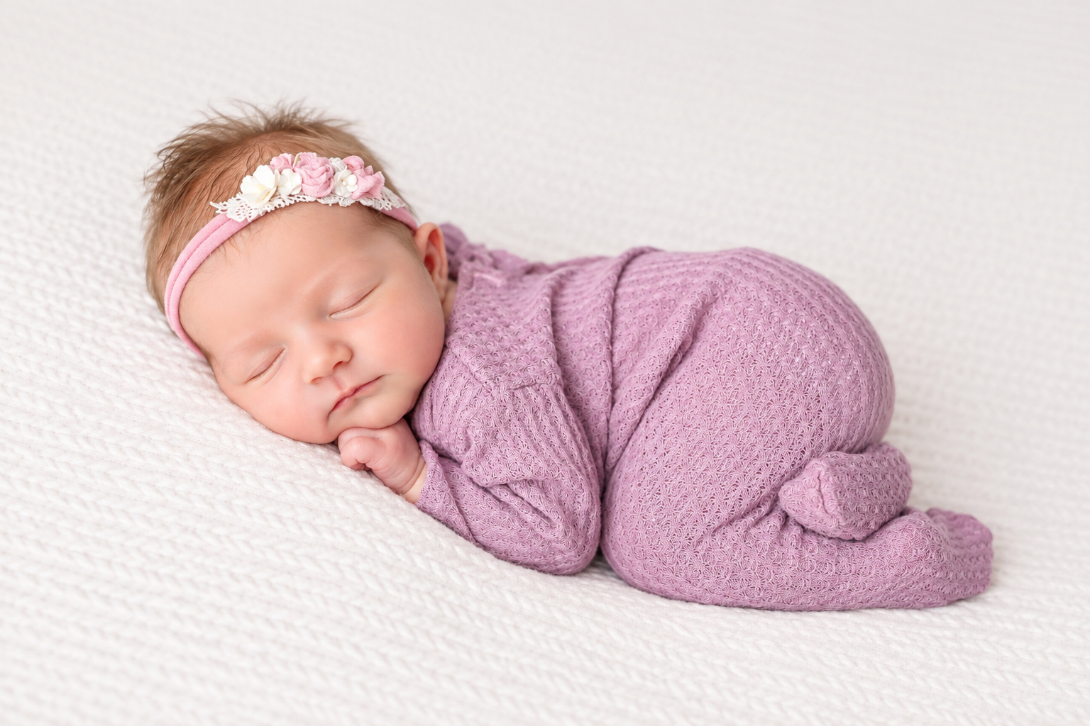 Sleeping newborn wearing a cream outfit against a dark green background