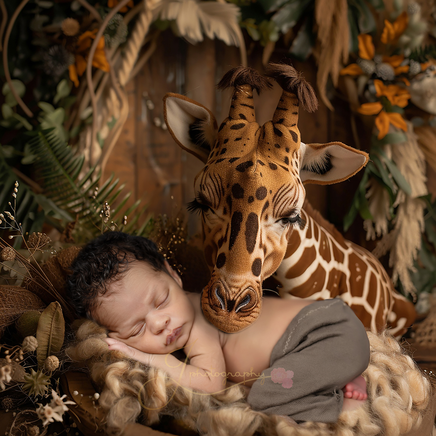 Sleeping newborn beside a giraffe in a jungle-themed photography setup in Wichita, Kansas