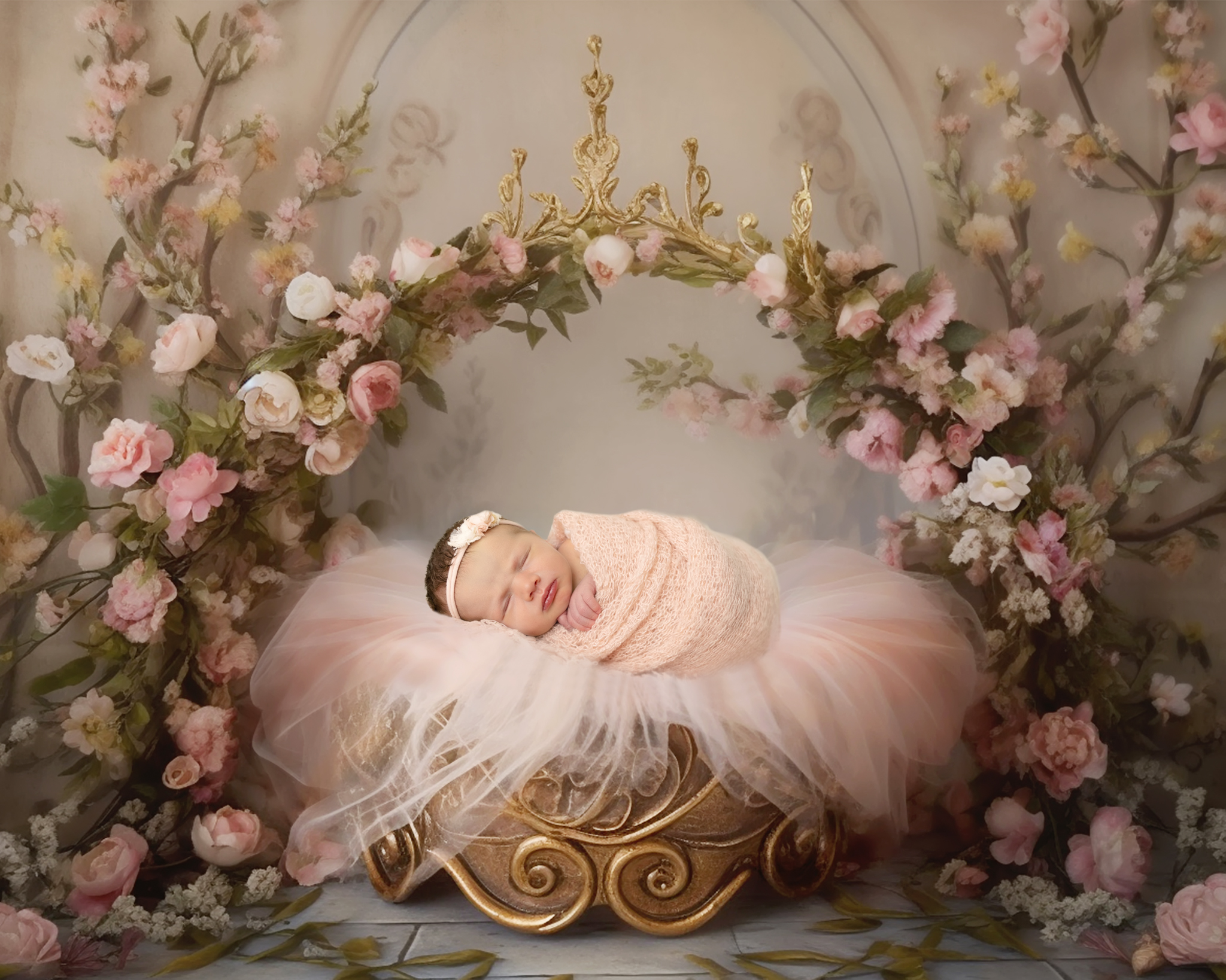 Newborn baby wrapped in pink surrounded by flowers during a Wichita, Kansas photography session